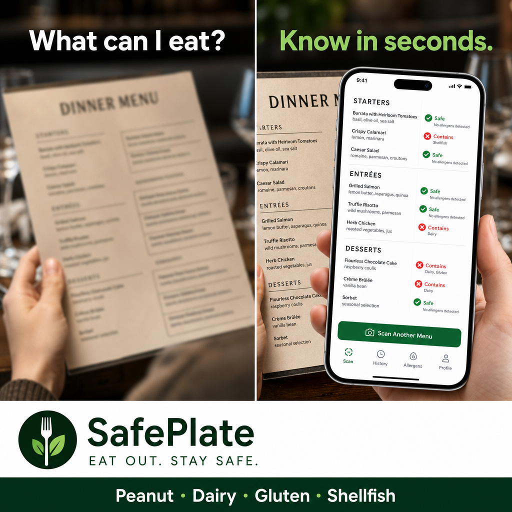 Side-by-side: confusing paper dinner menu versus SafePlate iPhone app showing Safe and Avoid on each dish