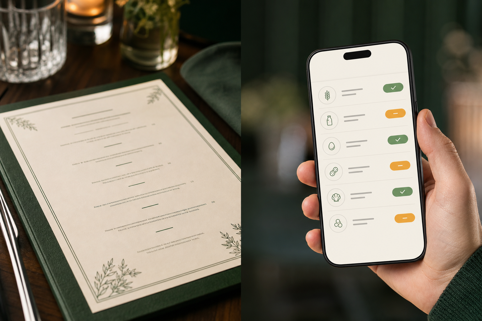 Menu and phone allergen checker side by side
