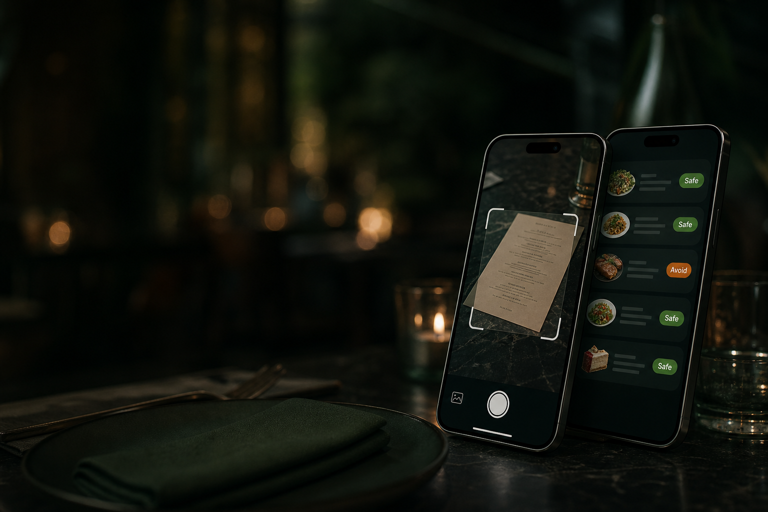 SafePlate on iPhone scanning a restaurant menu with Safe and Avoid dish labels